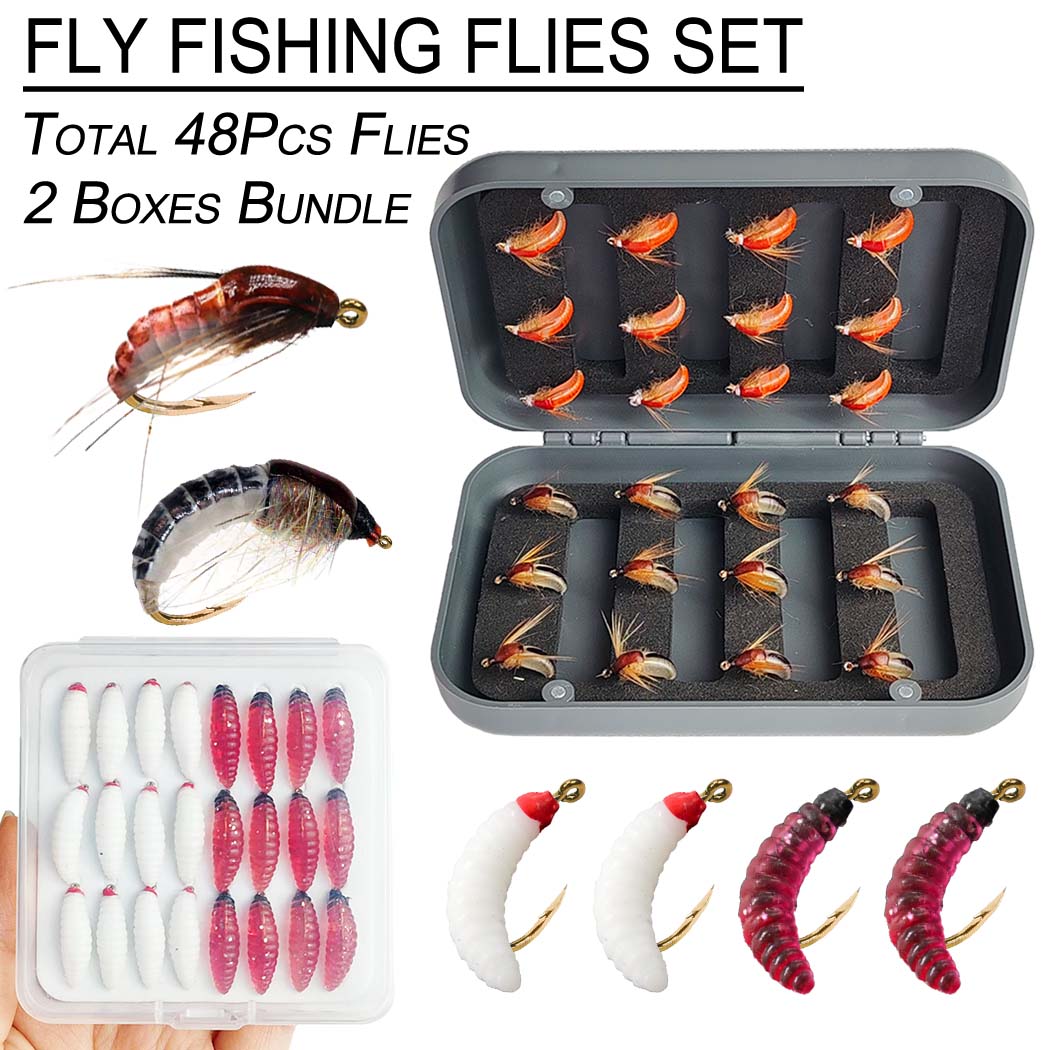 Fishing Lure Box - ウェット・ドライ・フライフィッシングセット ニンフセット-2箱セット（合計48個のフライ）トラウト/バス/コイ用フライキット ルアーフィッシングボックス